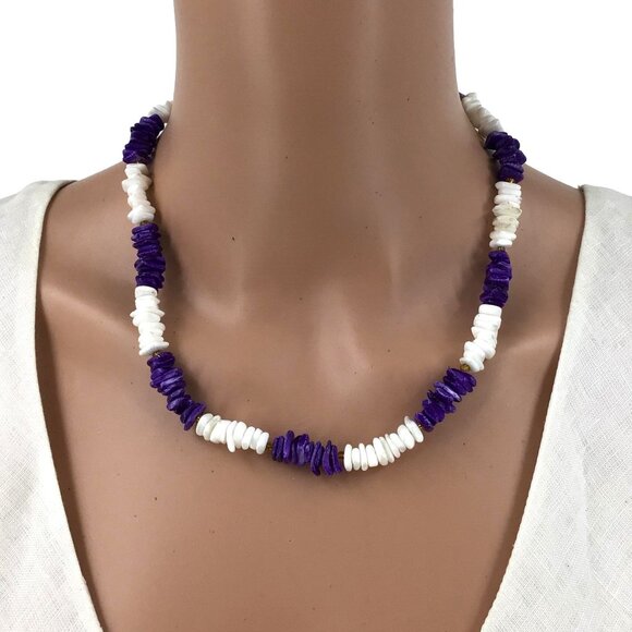 Puka Shell Necklace Purple White 19 Inch Length - Picture 1 of 2